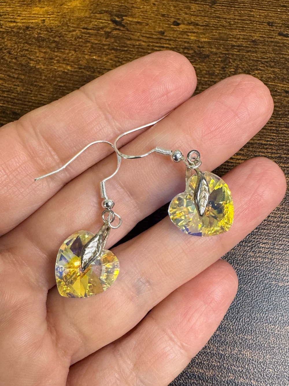 AB Crystal Heart Drop Earrings with Silver Leaf Accent - Yellow Flash